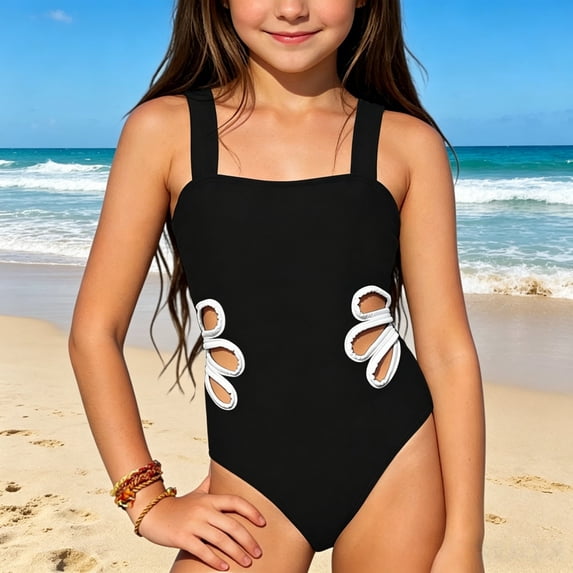 DAETIROS Girls One Piece Swimsuit Black, Quick Dry Chlorine Resistant Bathing Suit with Cut Out Sides for Kids 8-12 Years, Black 12 Years