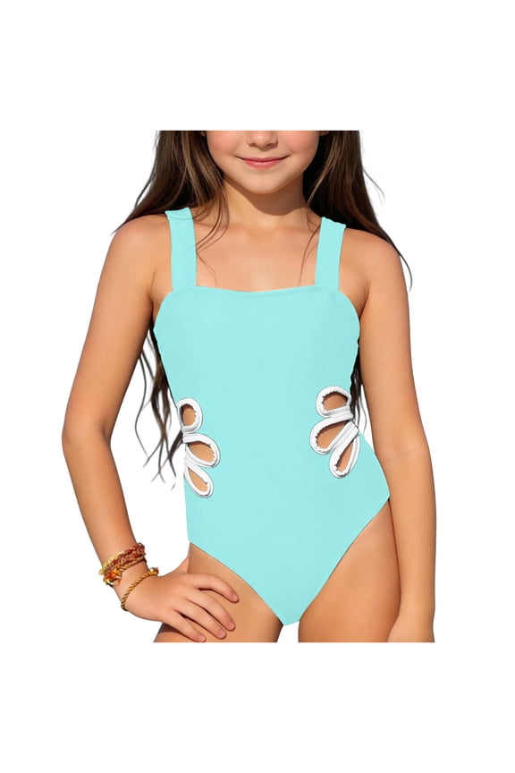 Girls One Piece Swimsuit Mint Green, Quick Dry & Chlorine Resistant Bathing Suit with Side Cut Outs for Kids Teens Sizes 6-14,Size 5-6T