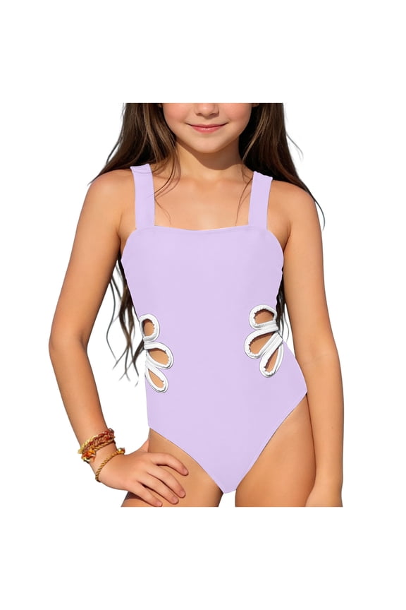 Girls One Piece Swimsuit Purple, Quick Dry Chlorine Resistant Bathing Suit for Kids, Fashion Swimwear with Side Cut Outs Sizes 6-14,Size 5-6T