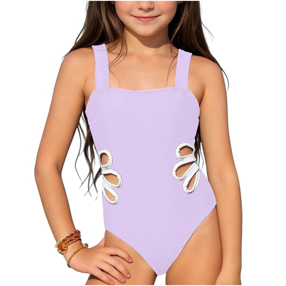 DAETIROS Girls One Piece Swimsuit Purple, Quick Dry Chlorine Resistant Bathing Suit for Kids, Fashion Swimwear with Side Cut Outs Sizes 6-14,Size 7-8T