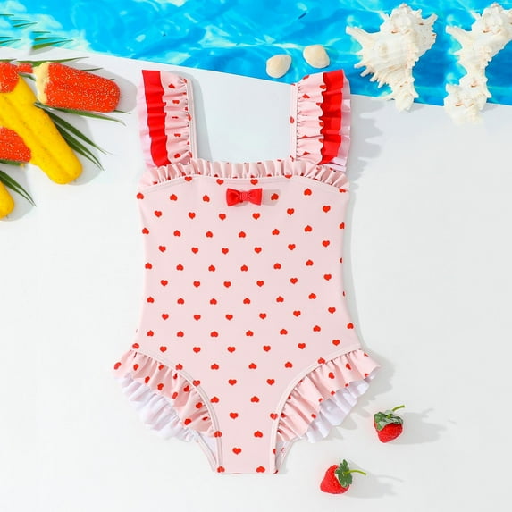 DAETIROS Girls' One Piece Swimsuit with Ruffles & Heart Print, Pink Bathing Suit with Bow for Kids 6-12 Years,Size 4-5T
