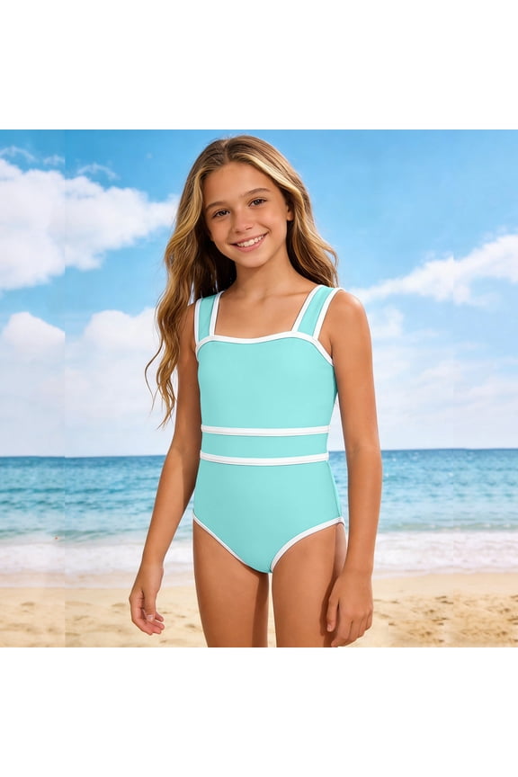 Girls One Piece Swimwear Sporty High Cut Leg Quick Dry Chlorine Resistant Mint Blue Bathing Suit Square Neck for Kids Ages 8-14,Size 11 T