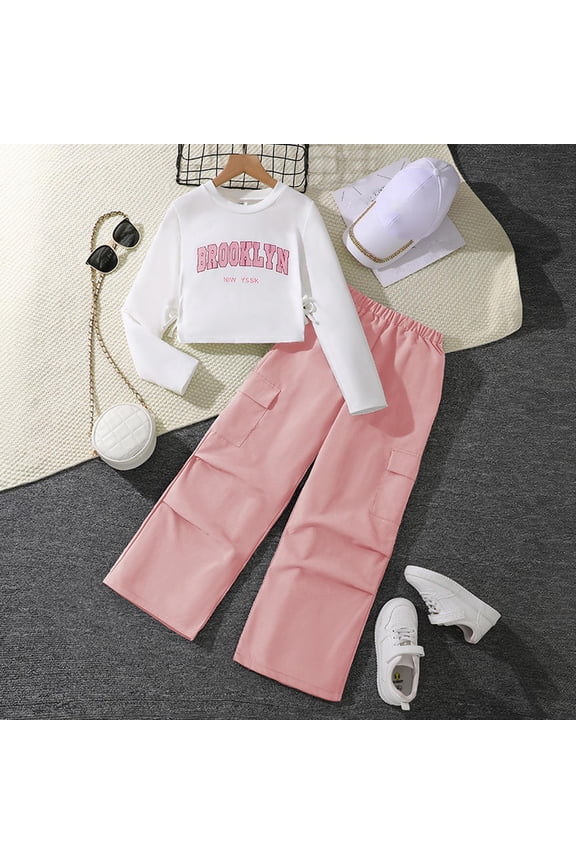 Girls Outfit Set Cropped Sweatshirt & Cargo Pants Matching Two Piece Urban Casual Wear for Kids Sizes 8-16 Pink,Size 12-13T