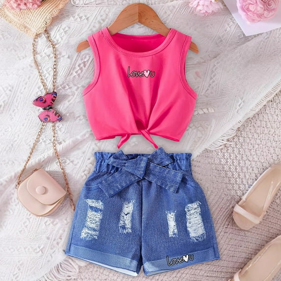 DAETIROS Girls Outfit Sets-Casual Comfy Cute Tank Top and Fashion Denim Shorts Girls Summer Clothes Pink Size 1-7