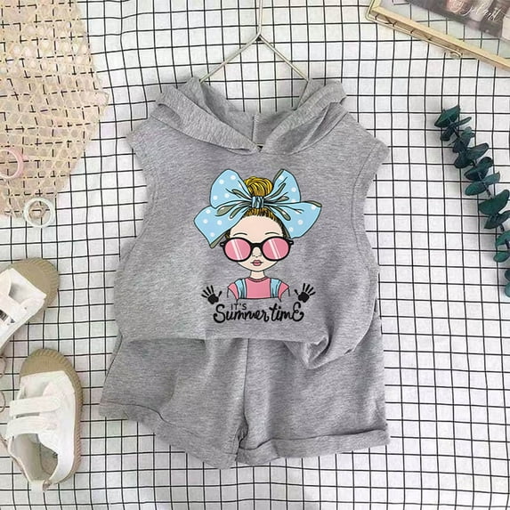 DAETIROS Girls Outfit Sets-Soft Cotton Graphic Hooded Tank Top and Shorts Girls Summer Clothes Gray Size 3 T