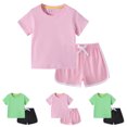 thumbnail image 1 of DAETIROS Girls Outfit Sets-Soft Cotton Solid Short Sleeve Top and Cute Play Shorts Girls Summer Clothes Pink Size 12M-10, 1 of 5