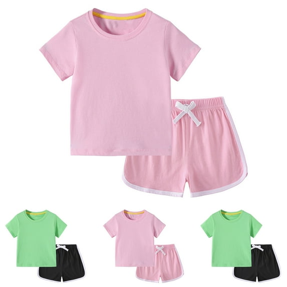 DAETIROS Girls Outfit Sets-Soft Cotton Solid Short Sleeve Top and Cute Play Shorts Girls Summer Clothes Pink Size 12M-10