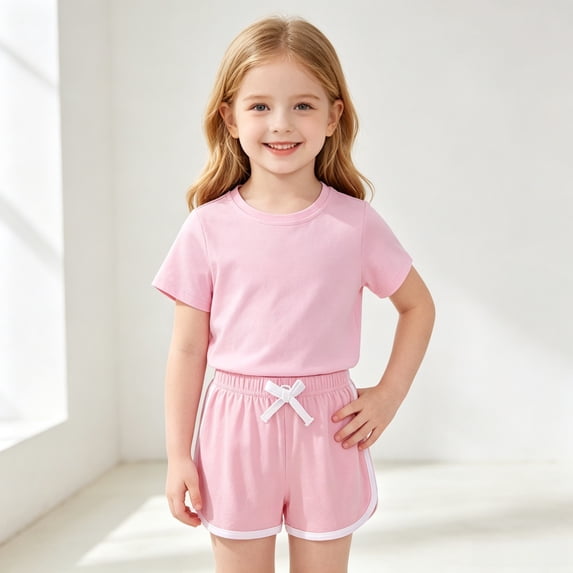DAETIROS Girls Outfit Sets-Soft Cotton Solid Short Sleeve Top and Cute Play Shorts Girls Summer Clothes Pink Size 3-4 T