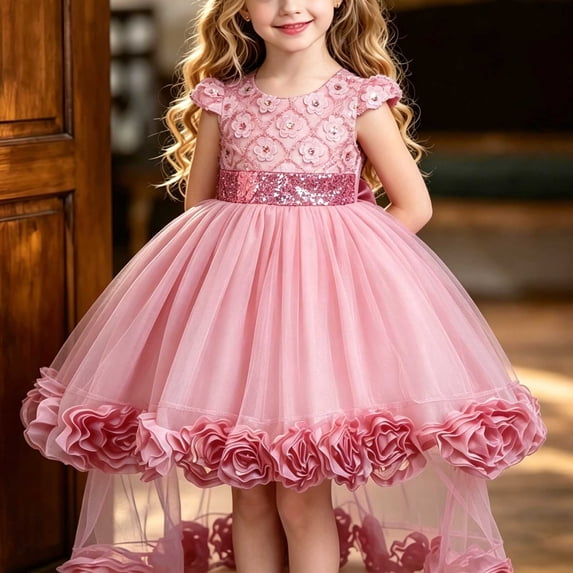 DAETIROS Girls Pink Flower Girl Pageant Dress Tulle Princess Ball Gown Sequin Bodice Cap Sleeve Wedding Birthday,Size 5-6T