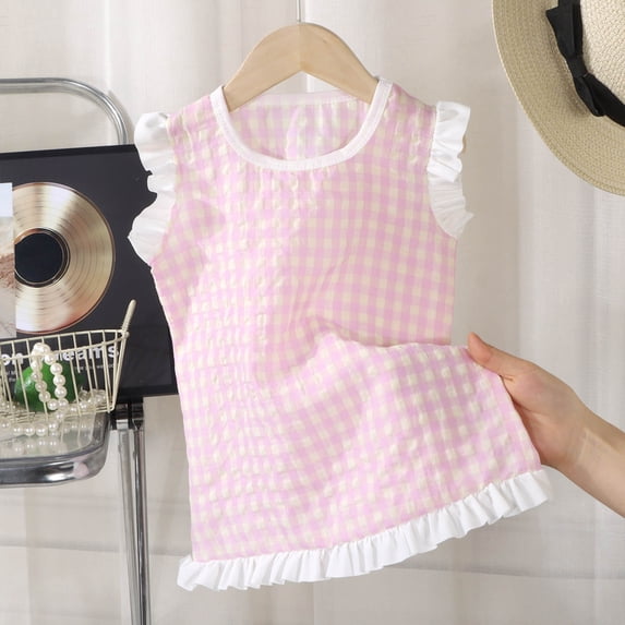 DAETIROS Girls Pink Gingham Dress Blush Ruffle Sleeveless Summer Spring Easter Dress Casual Birthday Party Outfit for Kids Little Girls 6-12 Months to 11-12 Years,Size 1-2 T