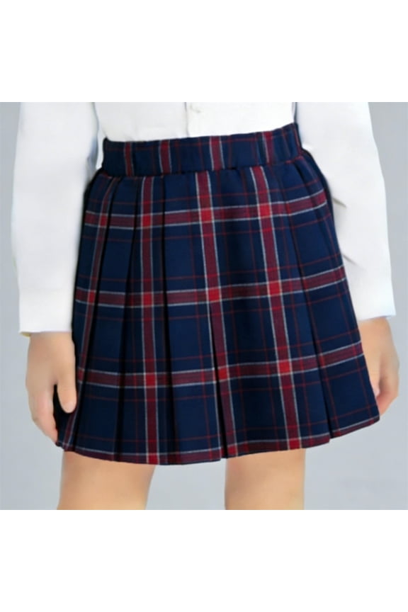 Girls Plaid Skirt Pleated Elastic Waist - Stretchy School Uniform Skirt for Kids Blue Tartan A-Line Comfort Fit 2-12 Years,Size 2-3 T