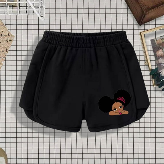 DAETIROS Girls Play Shorts, Casual Summer Cotton Graphic Elastic Waist Girls Shorts on Sale Black Size 8 Years