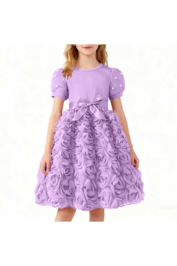 Girls Princess Dress Purple 3D Rose Ruffle Tiered Skirt Puff Sleeve with Bow Belt Flower Girl Birthday Party Pageant Formal Occasion Gown,Size 6-7 T