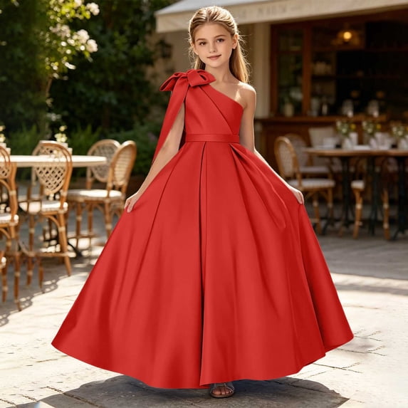 DAETIROS Girls Red Floor Length Satin One Shoulder A-Line Formal Pageant Bridesmaid Dress with Bow,Size 3-4T