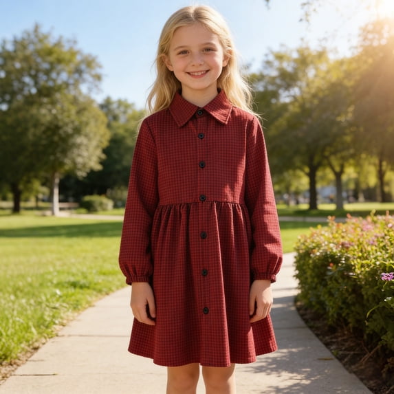 DAETIROS Girls Red Gingham Button Down Long Sleeve Shirt Dress Stretchy ...
