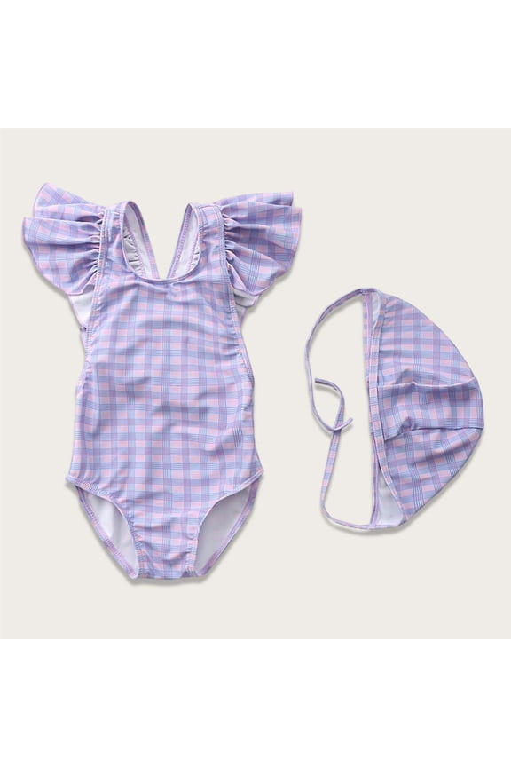 Girls Ruffle Sleeve Plaid Swimsuit with Cap Set, Soft One Piece Bathing Suit for Kids Kids Beach Pool, Multicolor,Size S
