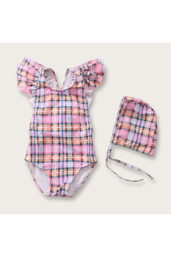 Girls Ruffle Sleeve Swimsuit Pink Plaid One-Piece Bathing Suit with Swim Cap, Chlorine Resistant Kids Kids Swimwear Set 2-8 Years S-2XL,Size S