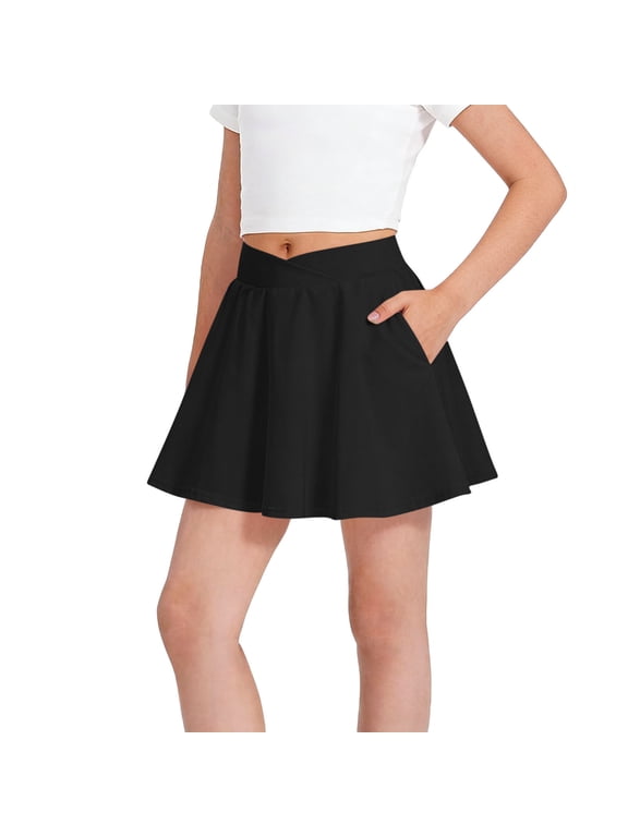 Girls Skater Skirt High Waisted with Pockets - Stretchy Flare A-Line Skirt for School, Dance, Party - Kids Black Skirt,Size 7-8T