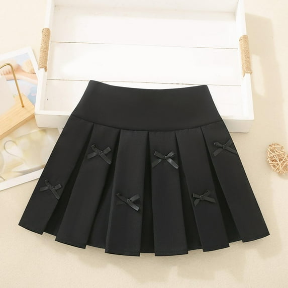 DAETIROS Cotton Pleated Skirts for Toddler Girls Casual Cute High Waisted Summer Bow School Uniform with Shorts, Black Size 7 Years