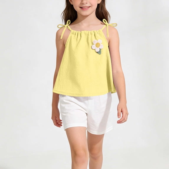 DAETIROS Girls Summer Play Clothes Set 2 Piece, Yellow Cami Top & Shorts with 3D Flower, Adjustable Straps for Kids to Kids,Size 0-1 T