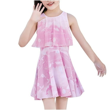 DAETIROS Girls Swim Set 2PC,Short Sleeve Swimming Dress and Trunks Summer Beach Swimwear Pink Size 2-7
