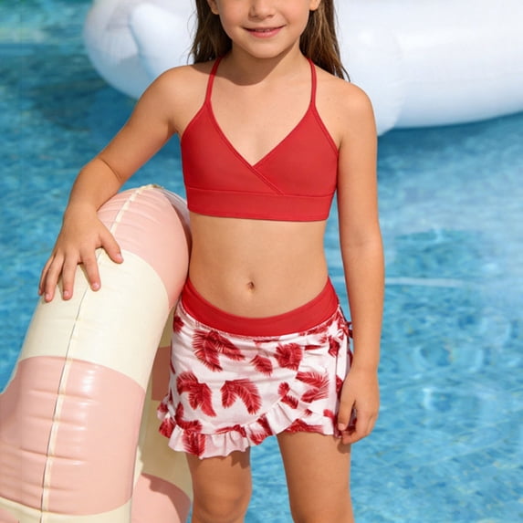 DAETIROS Girls Swimsuit 2 Piece Set with Ruffle Skirt Cover Up, High Waisted Bikini Set Modest Swimwear for Kids Girls 8-15 Years, Red,Size 12-13T