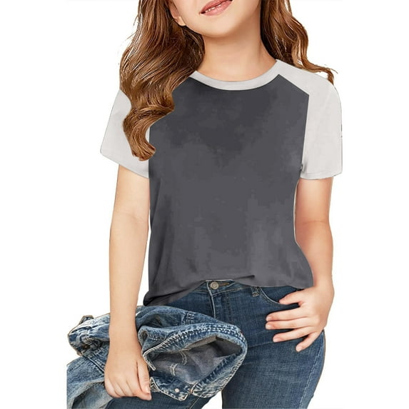 DAETIROS Girls T-Shirt, Color Block Short Sleeve Cute Crew Neck Comfy Soft Cotton Girls Summer Top Gray Size 2 T