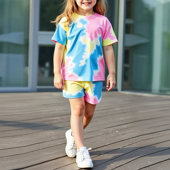 DAETIROS Girls Tie Dye Outfit Sets-Casual Cotton Fashion Crewneck Top and Shorts Girls Summer Clothes Set Pink Size 3-7