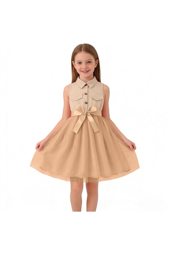 Girls' Tulle Dress with Collar Shirt Top, Khaki Party Church Easter Holiday Dress for 2-13 Years with Removable Bow,Size 4-5 T