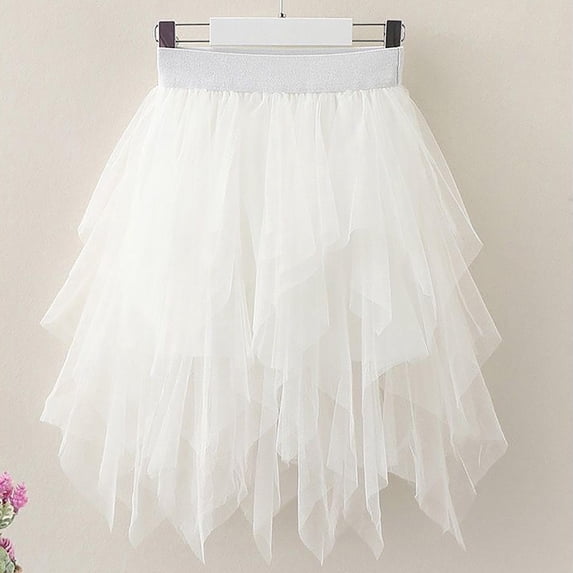 DAETIROS Girls Tutu Skirt for Party & Everyday, White Asymmetric Ruffle Tulle Skirt with Soft Waistband, Dance Play Skirt for Kids Age 3-12,Size 9 T