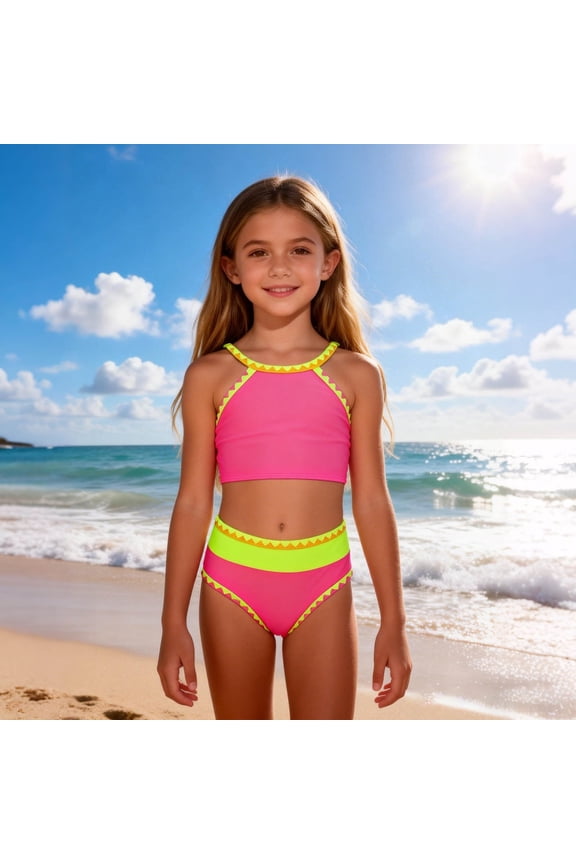 Girls Two Piece Swimsuit Set High Waisted Bikini 4-7 Years, Hot Pink with Neon Yellow Trim, Criss Cross Back, Soft Quick-Dry Fabric,Size 7 T