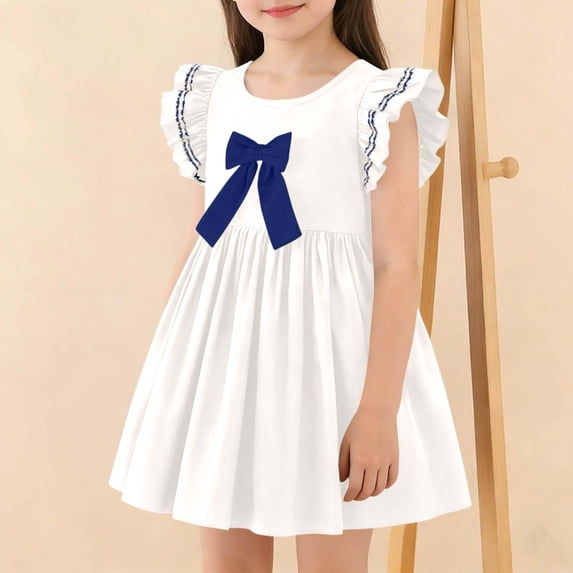 DAETIROS Girls White Ruffle Sleeve Dress Flutter Sleeve Bow A-Line Casual Easter First Communion Soft Stretchy Comfortable,Size 7-8 T
