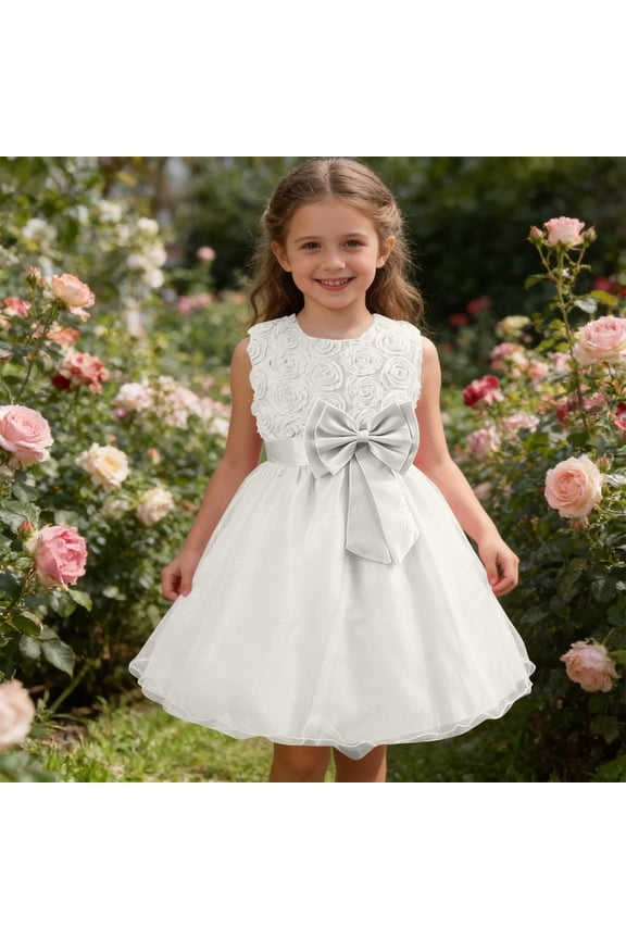 Girls White Sleeveless Rosette Tulle Dress | First Communion Flower Girl Dress for Wedding | Girls Birthday Party Dress with Satin Bow,Size 2-3 T