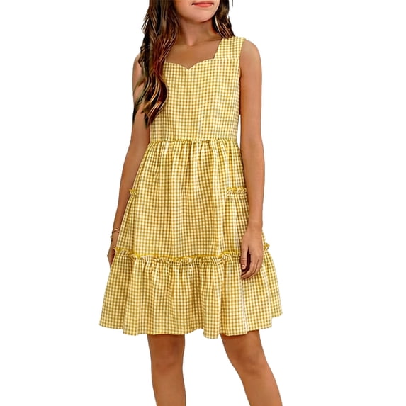 DAETIROS Girls Yellow Gingham Dress Sleeveless Ruffle Tiered Square Neck Pockets Spring Easter Casual Church Birthday Party,Size 12-13T