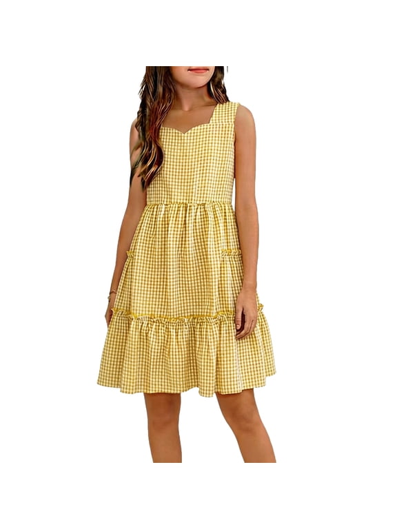 Girls Yellow Gingham Dress Sleeveless Ruffle Tiered Square Neck Pockets Spring Easter Casual Church Birthday Party,Size 5-6T