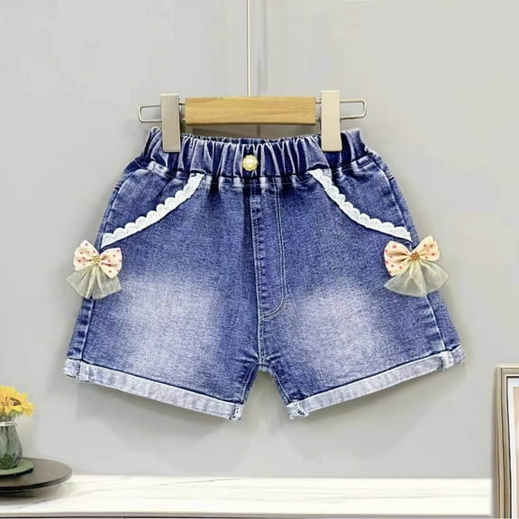 DAETIROS Girls and Big Girls Denim Shorts,Summer Casual Elastic Waist Fashion Girls Jeans Shorts Blue Size 2T-12