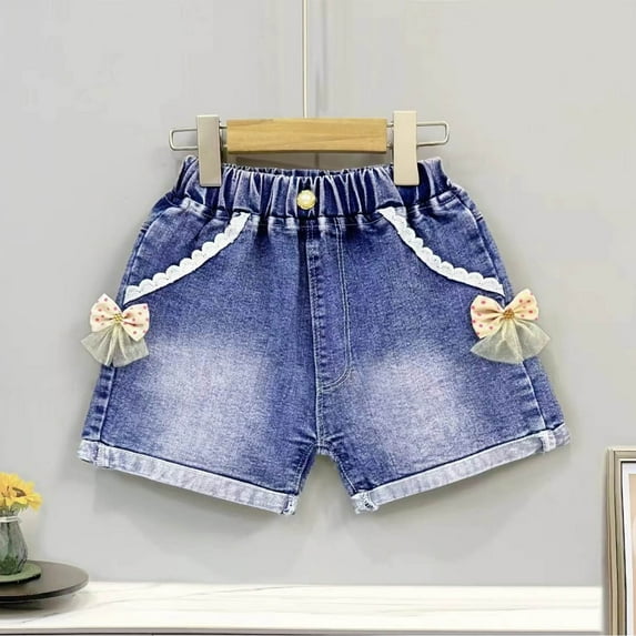 DAETIROS Girls and Big Girls Denim Shorts,Summer Casual Elastic Waist Fashion Girls Jeans Shorts Blue Size 5 Years