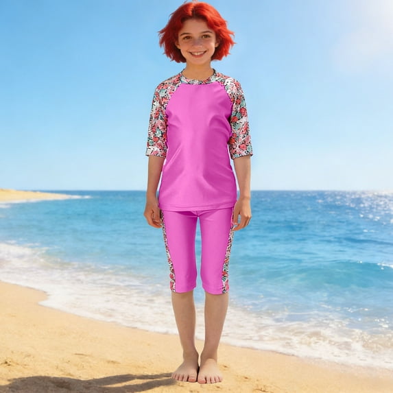 DAETIROS Hot Pink Girls Bikini Set 2 Piece Swimwear UPF 50+ Sun Protective with Ruffle Skirt & Lace Trim for Kids Little Girl,Size 9-10T