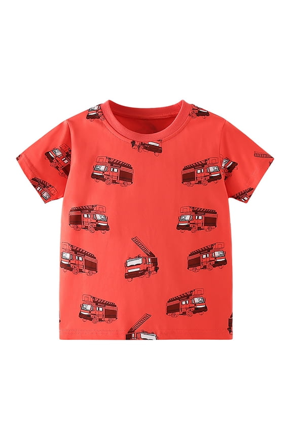 Kids Boys Fire Truck T-Shirt Soft Stretchy Short Sleeve Crew Neck Graphic Tee Red Fire Engine Print Kids Casual Shirt,Size 2 T