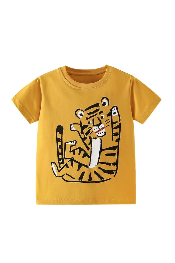 Kids Boys Tiger Graphic T-Shirt Soft & Comfortable Short Sleeve Tee Kids Yellow Shirt Playful Cute Cartoon Animal Print Boys Clothes,Size 6 T