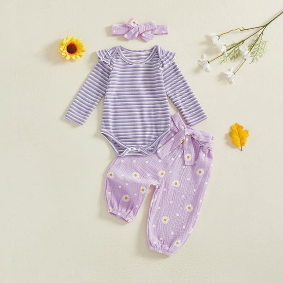 DAETIROS Kids Girl Outfit Set 100% Cotton 3 Piece Playwear Ruffle Shoulder Daisy Print Bodysuit Pants Headband Photo Shoot Gift Lavender Purple 0-3M-2Y,Size 1-2 T