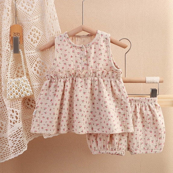 DAETIROS Kids Girls' 2-Piece Muslin Cotton Set Floral Peplum Top & Bloomer Shorts Outfit 6M-6Y Coffee,Size 5-6 T