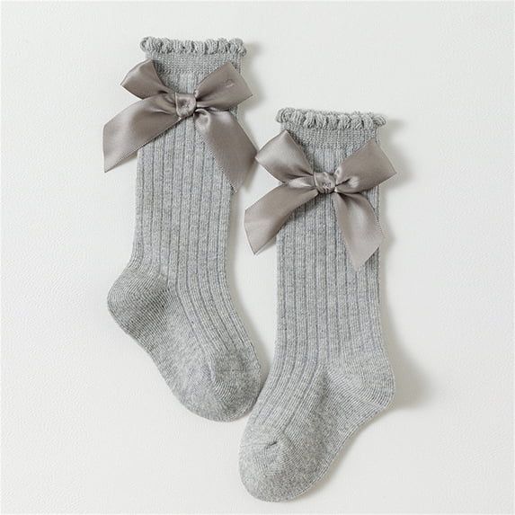 DAETIROS Kids Girls Knee High Socks Cotton Ruffled Cuff with Satin Bow Soft Breathable Unisex Kids Gray Socks for Kids 1-6 Years For Casual Party Daily Wear,Size S