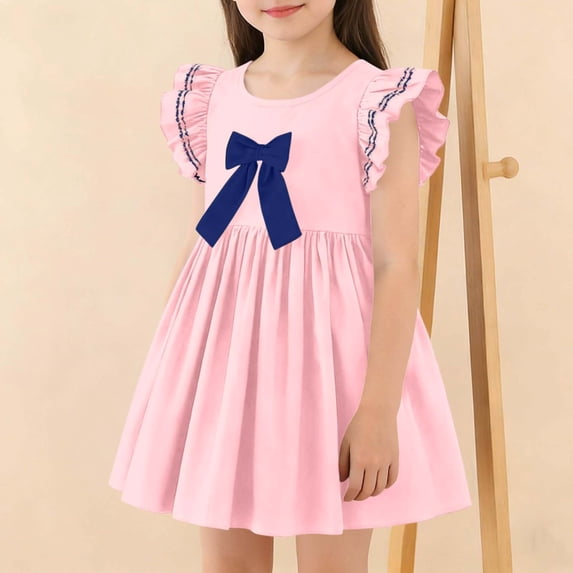 DAETIROS Kids Girls Ruffle Flutter Sleeve Dress with Bow A-Line Birthday Party Soft Stretchy Comfortable Pink,Size 7-8 T