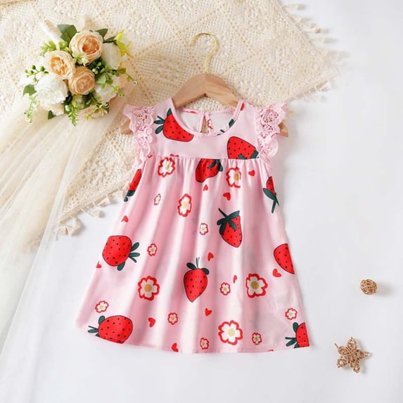 DAETIROS Kids Girls Summer Dress Strawberry Print Sleeveless Ruffle Lace A-Line Sundress Soft Breathable Kids 3-18 Months Pink,Size 9 Months