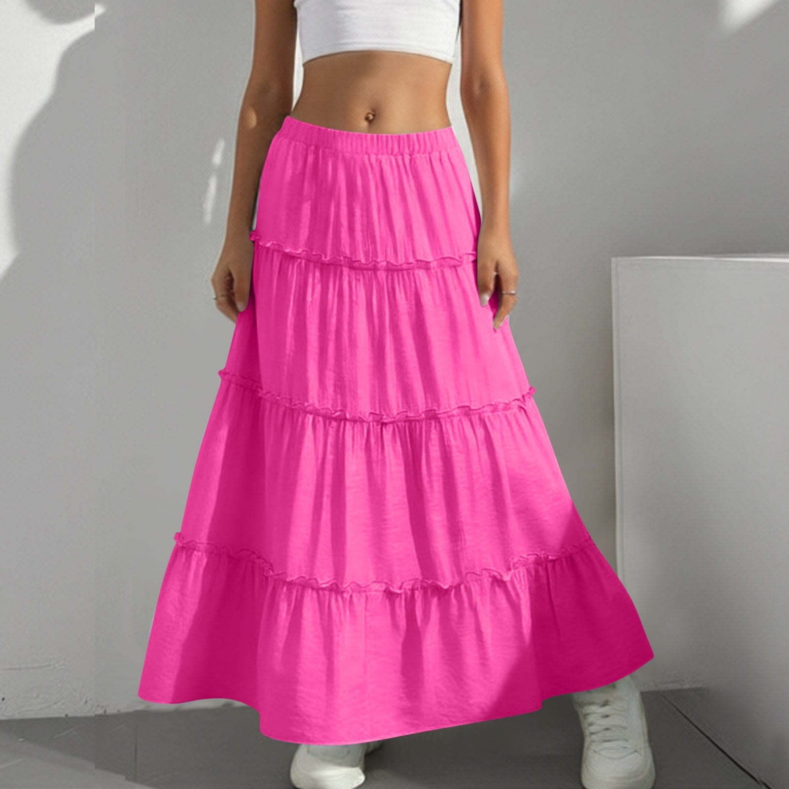 DAETIROS Kids Girls Tiered Ruffle Skirt Flowy Maxi Long Skirt Hot Pink ...