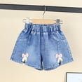 thumbnail image 1 of DAETIROS Kids & Little Girls Denim Shorts Ruffled Bow High Waisted Elastic Pockets Light Blue Wash 2T-7,Size 3-4 T, 1 of 5