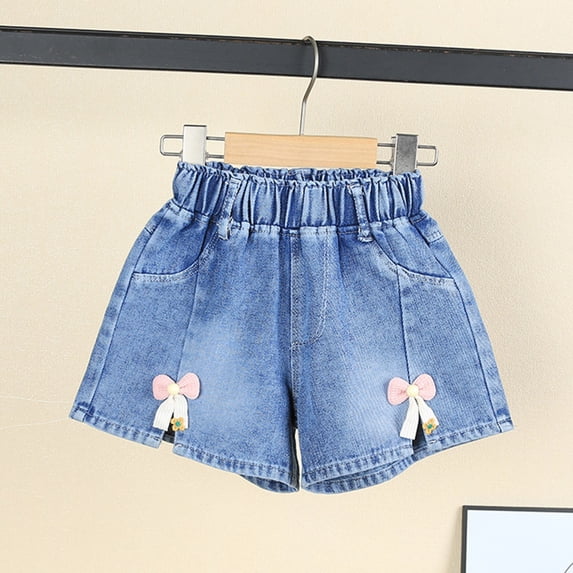DAETIROS Kids & Little Girls Denim Shorts Ruffled Bow High Waisted Elastic Pockets Light Blue Wash 2T-7,Size 3-4 T
