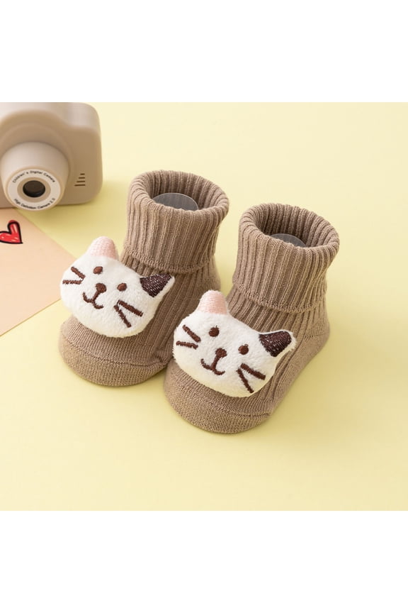Kids Non-Slip Sock Booties Soft Cotton Cute Cartoon Cat Socks with 3D Applique Stay-On Ribbed Cuff Unisex Kids Kids Khaki,Size S