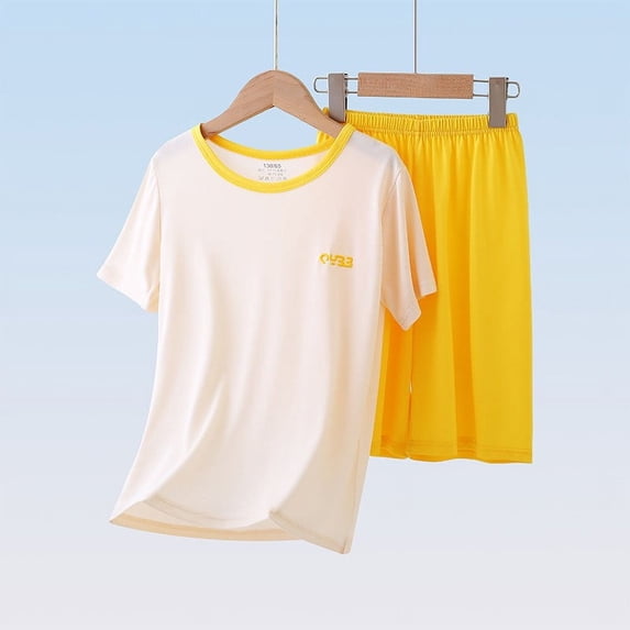 DAETIROS PJS Sets-Soft Cotton Short Sleeve Top and Loose Shorts Summer Loungewear Clothes Yellow Size 15 Years